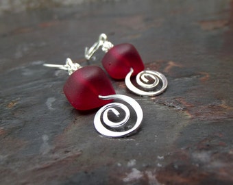 Red Sea Glass Earrings:  Modern Beach Nautical Jewelry, Silver Swirl Dangle Earrings, Cherry Red Drop Earrings, Red Wedding Accessory