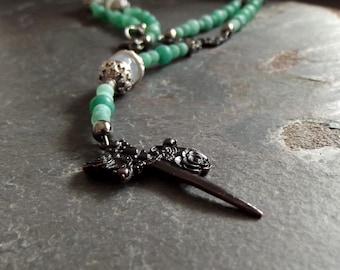 Rose Dagger Rosary: Gothic Cross Necklace, Love Tattoo, Dark Ages, Unisex Jewelry, Seafoam Green Agate, Gemstone Rosary, King Arthur Sword