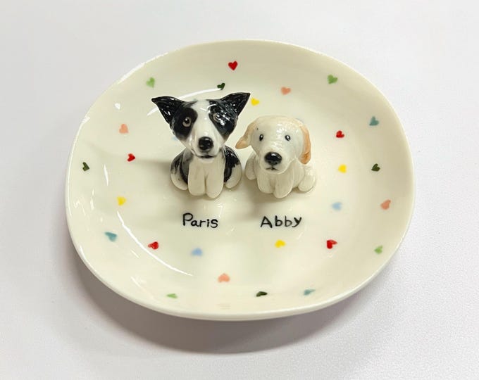 Handmade Ceramic Pet Ring Dish with Hearts, Custom Pet Ring Dish with Names, Personalized Ring Dish, Ceramic Ring Tray, Birthday Gift