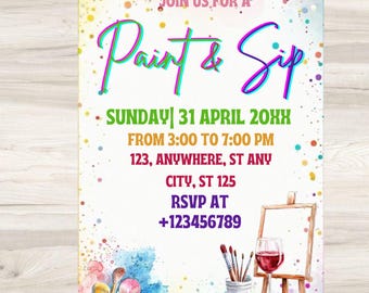 Bearbeitbare Sip and Paint Party Einladung, Geburtstag einladen (Digitaler Download)