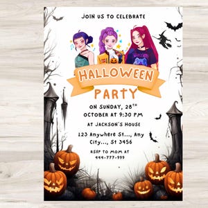 May include: Halloween party invitation featuring cartoon illustrations of three women. The invitation includes the text "Join us to celebrate", "Halloween Party", date, time, location, and RSVP details. Orange pumpkins and bats decorate the design.