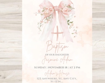 Faire-part de baptême avec noeud floral rose bohème, carte toile, carte d'invitation de baptême élégante, invitation numérique toile de baptême modifiable rose rose