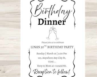 Birthday Dinner Invitation, Editable Birthday Dinner Digital Invite, Dinner Invitation Template, Minimal Birthday Invite, Any Age Invite