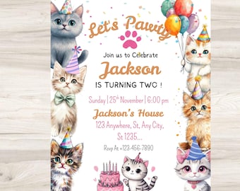 Invito di compleanno modificabile a tema gatto, invito di compleanno a tema gatto, invito di compleanno "Sei il mio gattino?", invito di compleanno "Paw-ty", arcobaleno, digitale