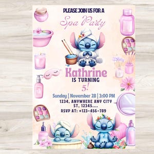 May include: A spa party invitation with a cartoon character in a spa setting. The invitation includes the text "Please Join Us For A Spa Party" and "Kathrine is turning 5!" with event details. The design incorporates pink and purple spa-themed illustrations.