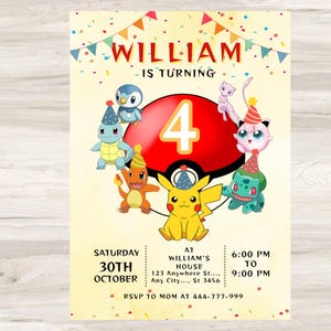 May include: A birthday party invitation featuring the name "WILLIAM" and the number "4" in a red and white design. The invitation includes various cartoon characters and party details, such as the date, time, and location.