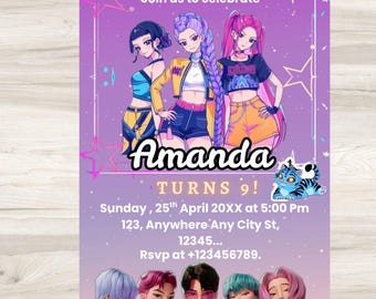 Kpop Demon Hunters Birthday Invitation, K Pop Warriors Invitation, Printable Birthday Party Invite Digital Download, Editable Canva Template