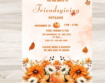 Invitation de repas-partage Friendsgiving, modèle de toile modifiable (téléchargement numérique)