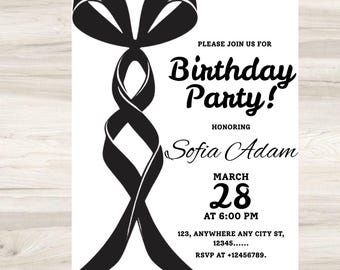 Black Bow Birthday Invitation Template: Elegant Editable Party Invite, Digital Download for Printable and Editable