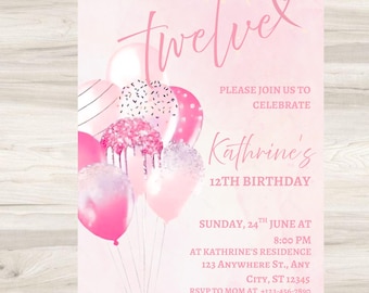 Invitación para el 12.º cumpleaños de niña, globos rosas, plantilla editable (descarga digital)