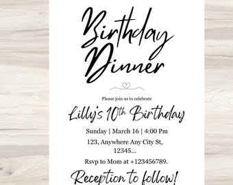 Birthday Dinner Invitation, Editable Birthday Dinner Digital Invite, Dinner Invitation Template, Minimal Birthday Invite, Any Age Invite