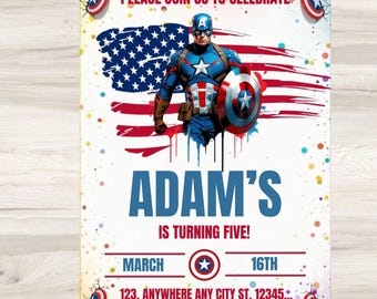 キャプテン・アメリカの誕生日招待状、デジタル版アベンジャーズパーティー招待状、編集可能なCanvaテンプレート、印刷可能なスーパーヒーローボーイズ誕生日パーティーカード