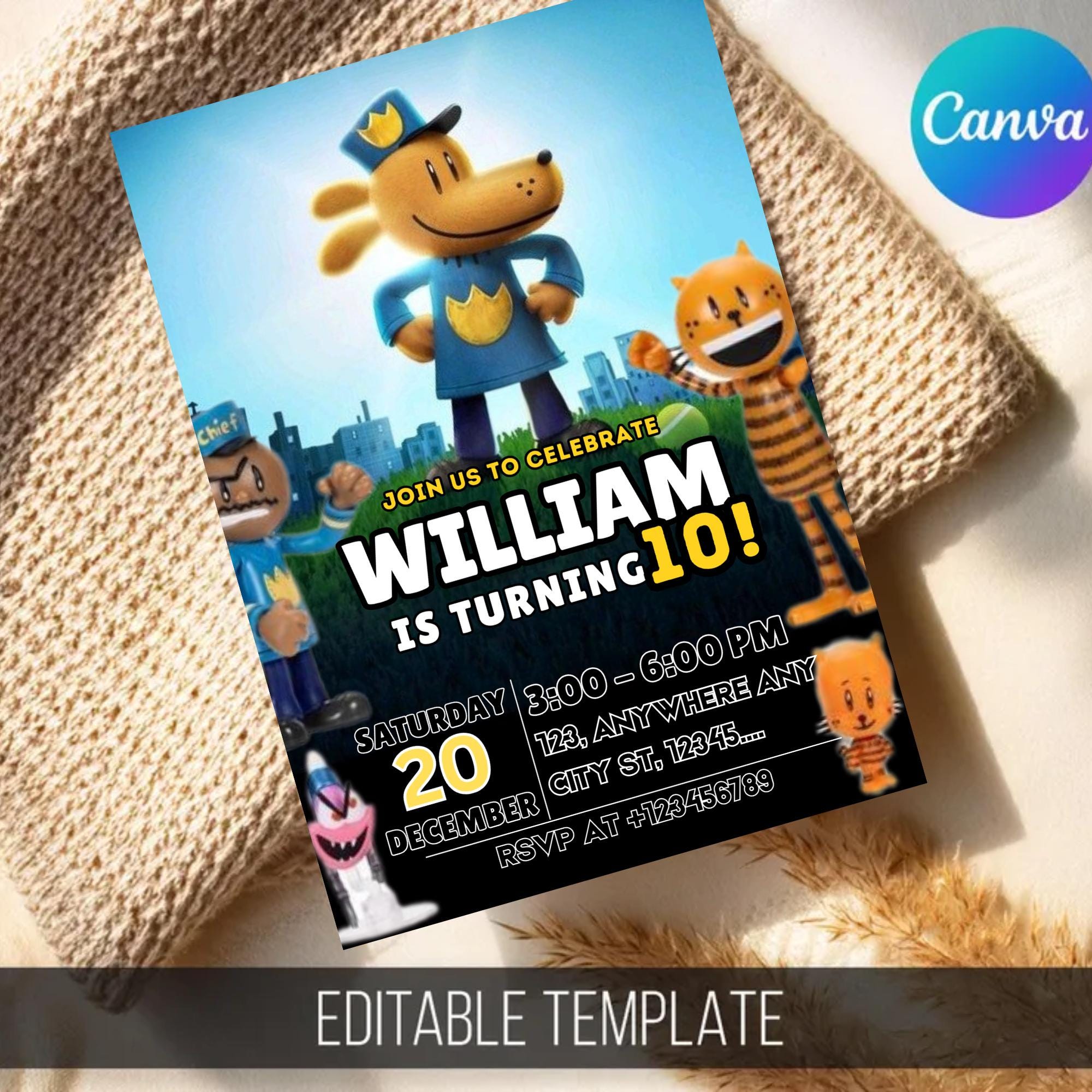 Dog Man Birthday Invitation Template Editable Comic Party Invite ...