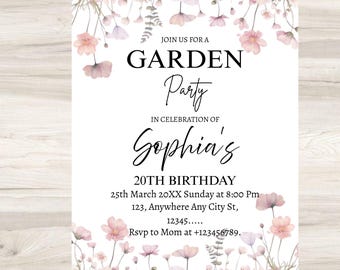 Wildflower Birthday Invitation Garden Party Invite Girl 18th Birthday Pink Purple Wild Flower Floral Spring Flowers Butterfly EDITABLE