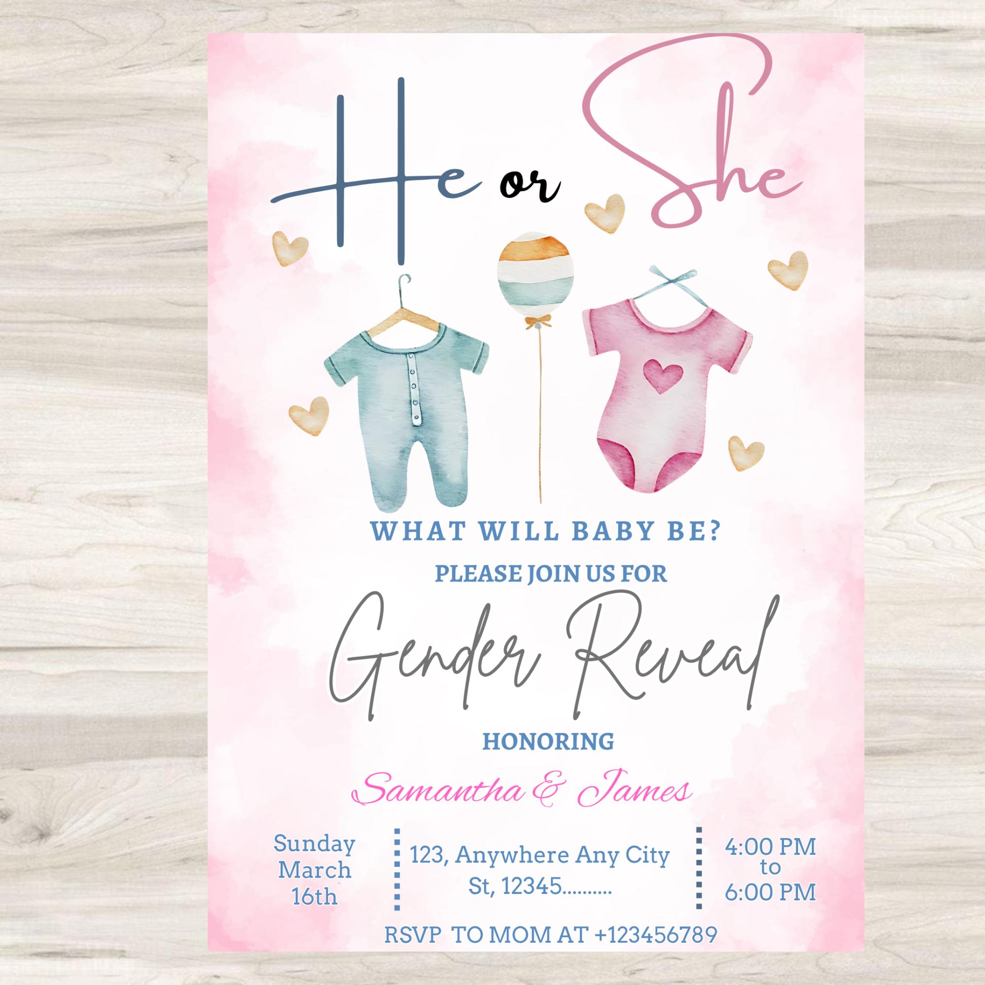Editable Pink or Blue Clothes Gender Reveal Invitation, He or She What ...