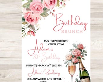 Pink Rose Birthday Brunch Invitation, Girly Coquette Style (Editable Canva Template)