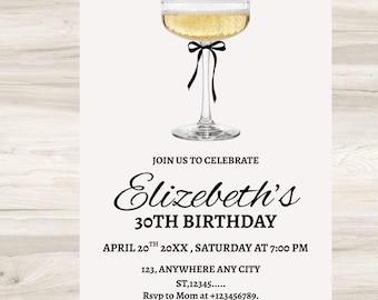 Cocktail Birthday Invitation Template | Elegant Champagne Editable Party Invite (Digital Download)