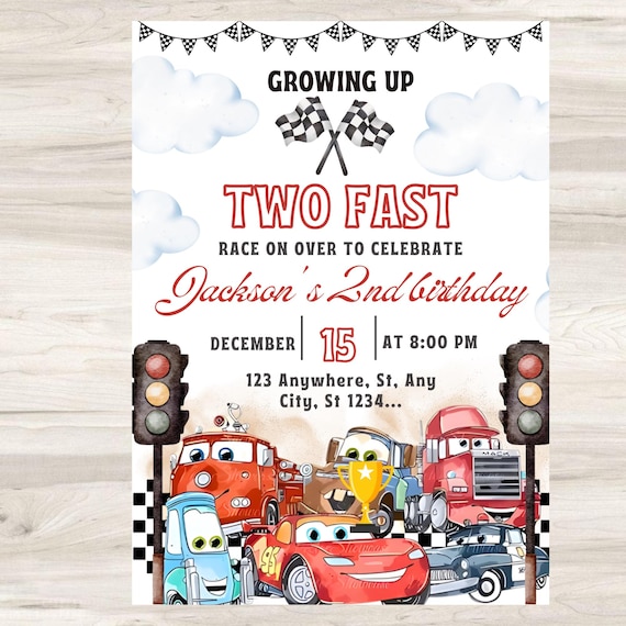 Cars Birthday Party Invitation card, Kids Lightning McQueen Card, Two Fast Birthday Invite, Cars Party Invitation Card, 2nd Birthday Card