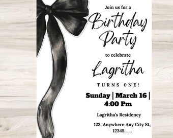 Black Bow Birthday Invitation Template: Elegant Editable Party Invite, Digital Download for Printable and Editable