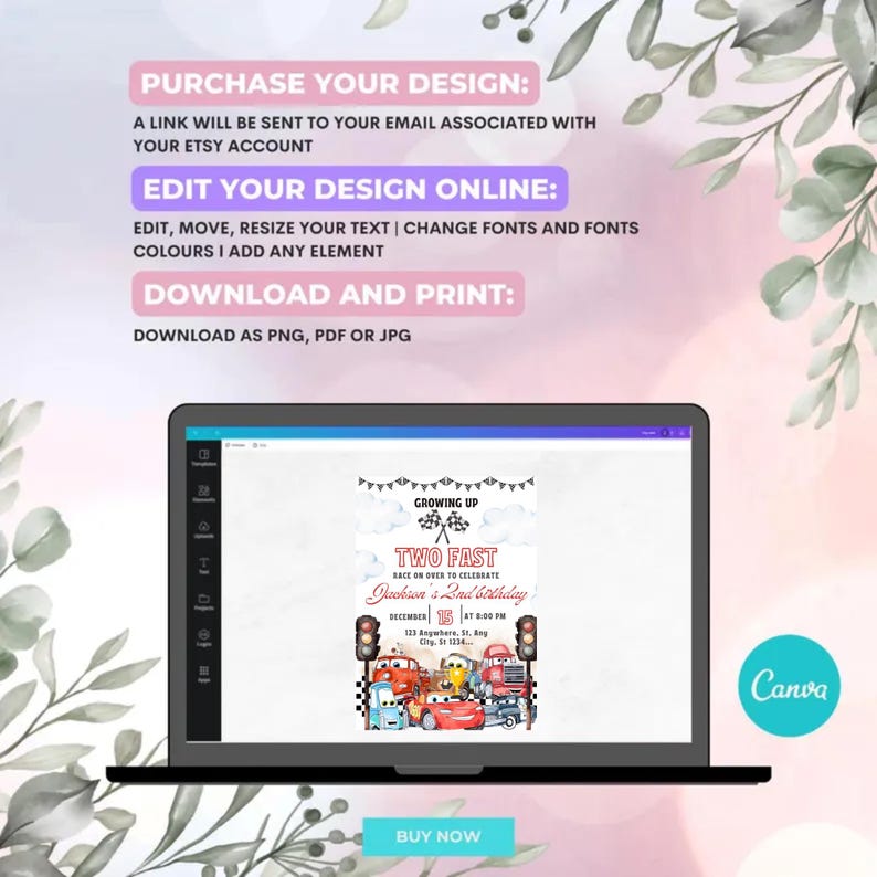 Peut inclure: Un ordinateur portable affiche une invitation d'anniversaire sur le th&egrave;me des voitures de course. L'invitation indique "Growing Up Two Fast" et comprend la date, l'heure et le lieu. L'&eacute;cran affiche &eacute;galement des instructions pour l'achat, la modification et le t&eacute;l&eacute;chargement.