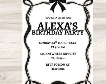 Black Bow Birthday Invitation Template: Elegant Editable Party Invite, Digital Download for Printable and Editable