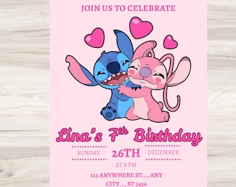 Invito di compleanno Stitch e Angel, invito di compleanno Stitch modificabile, invito digitale per feste, compleanno per bambini, modello Canva modificabile