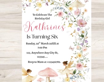 Wildflower Birthday Invitation Garden Party Invite Girl 18th Birthday Pink Purple Wild Flower Floral Spring Flowers Butterfly EDITABLE