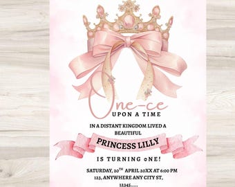 Princess 1st Birthday Party Invitation One-ce Upon a Time First Birthday Invite Pink Girl First Birthday Editable Invitation Princess Castle