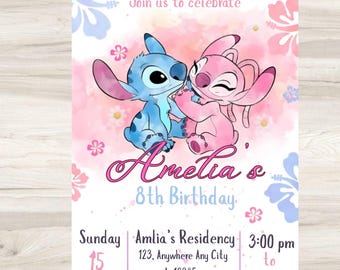 Invito di compleanno Stitch and Angel, invito modificabile per festa per bambini (digitale)