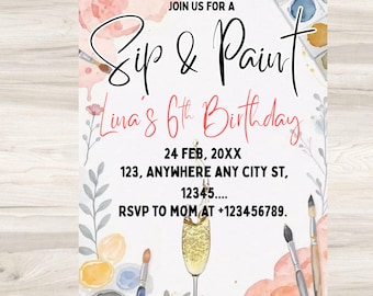 Bearbeitbare Sip and Paint Geburtstagseinladung (Digitaler Download)