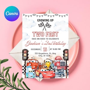 Peut inclure: Une invitation d'anniversaire sur le th&egrave;me des voitures de course. Le texte indique "Growing Up Two Fast" et "Jackson's 2nd birthday". L'invitation pr&eacute;sente des voitures de dessins anim&eacute;s, des drapeaux &agrave; damiers et des feux de circulation. La date est le 15 d&eacute;cembre &agrave; 20h00.