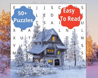 May include: A winter-themed word search puzzle book with a snowy house illustration. The cover features the word "Winter" in bold black letters, with text indicating "50+ Puzzles" and "Easy To Read". The book is designed for adults, seniors, and teens.