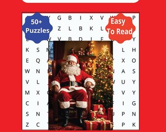 May include: A Christmas word search puzzle book with a red cover. The cover features Santa Claus, a Christmas tree, and the text "Christmas" and "Word Search". Includes "50+ Puzzles" and "Easy To Read" labels.