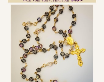 Handmade Purple & Gold Rosary | Baroque Cross | Czech Glass / Vintage-Style Beads | Catholic Gift | Spiritual Jewelry | Confirmation Gift