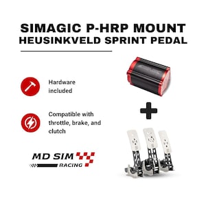May include: Image of a racing simulator pedal set. The image includes a black and red component, a plus sign, and three pedals. Text at the top reads "SIMAGIC P-HRP MOUNT HEUSINKVELD SPRINT PEDAL."