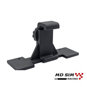 May include: Black plastic device with a curved top, adjustable knob, and two flat extensions. The device has the text "MD SIM RACING" in white. The device appears to be a mounting bracket or support.