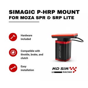 May include: A black and red SIMAGIC P-HRP mount for MOZA SPR & SRP LITE. The image includes text that says "Hardware included", "Compatible with throttle, brake, and clutch", and "Easy installation". The product is from MD SIM Racing.