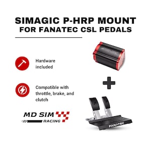 Puede incluir: Imagen de un soporte SIMAGIC P-HRP para pedales FANATEC CSL. La imagen incluye un componente negro y rojo, un signo más y los pedales. El texto indica que el hardware está incluido y la compatibilidad con el acelerador, el freno y el embrague.