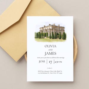 Lieu de mariage à l&#39;aquarelle, réservez vos dates, illustration personnalisée