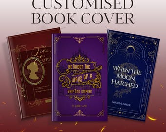 Puede incluir: Se muestran tres portadas de libros personalizadas, cada una con diseños y títulos únicos. Las portadas son en tonos burdeos, morado y azul marino. El texto "CUSTOMISED BOOK COVER" está en la parte superior. Los títulos incluyen "Between the Walls of a Shifting Empire".