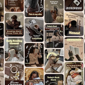 Könnte beinhalten: Eine Collage von Bildern mit einer warmen, einladenden Ästhetik. Die Bilder zeigen Bücher, Kaffeetassen und Textüberlagerungen mit Sätzen wie "Books Over Everything" und "Today's Read". Die Farbpalette wird von Braun- und Cremetönen dominiert.