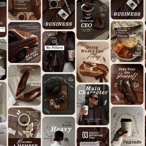 Puede incluir: Una colección de plantillas para publicaciones en redes sociales con una paleta de colores marrón oscuro y neutros. Las imágenes incluyen tazas de café, cámaras vintage, gafas de sol, tacones marrones, cruasanes y textos como Business, CEO y Upgrade.