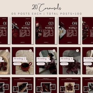 Peut inclure: Ensemble de 20 modèles de carrousel, chacun avec un fond rouge foncé et des éléments de design élégants. Chaque carrousel comprend cinq publications, avec des titres et des sous-titres. Le thème général est une esthétique sophistiquée et moderne.