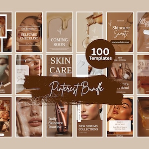 Può includere: Una collezione di 100 modelli Pinterest a tema cura della pelle. I modelli presentano immagini di volti, prodotti per la cura della pelle e testo come "Selfcare Checklist", "Coming Soon" e "Daily Skincare Routine". La tavolozza dei colori è neutra con toni marroni e beige.