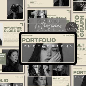 Peut inclure: Un modèle de portfolio numérique pour photographes, avec un design monochrome. Les mots "PORTFOLIO" et "PHOTOGRAPHY" sont mis en évidence. Le modèle comprend 6 pages et est entièrement modifiable dans Canva.