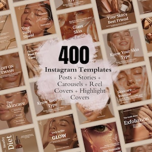 May include: A collection of 400 Instagram templates for posts, stories, carousels, reel covers, and highlight covers. The templates feature skincare themes with images of faces, product bottles, and text like "Daily Skincare Products" and "Know Your Skin Type."