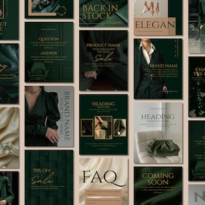 May include: A collection of dark green and beige promotional graphics. The designs include text such as "Product Name", "Sale", "FAQ", and "Coming Soon". The images feature fashion items and elegant backgrounds.