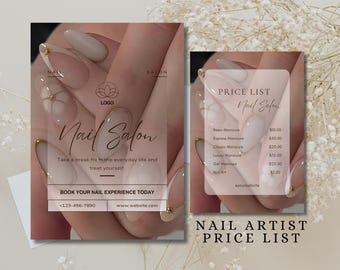 Listino prezzi per unghie, menu per salone di bellezza, nail artist, volantino per architetti, modello Canva, listino prezzi stampabile per salone di bellezza, truccatore