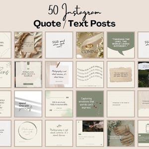 May include: A collection of 50 Instagram quote and text posts with a neutral color palette. The posts feature various quotes about photography, emotions, and life, with elegant fonts and designs. The top text reads "50 Instagram Quote / Text Posts".