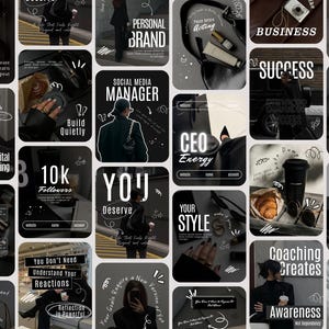 May include: A collection of social media post templates featuring a dark aesthetic with white text overlays, including phrases like Today's Plan, Personal Brand, CEO Energy, 10k Followers, and Monday, alongside various lifestyle imagery.